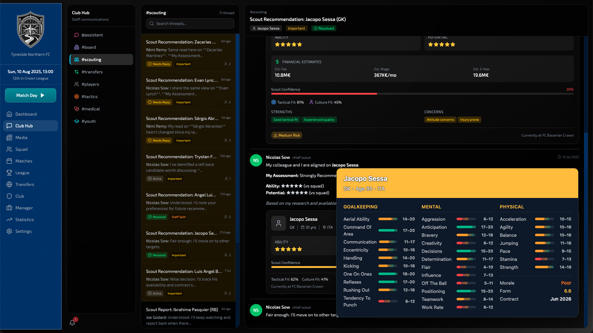 The scouting channel: a thread list tagged Needs Reply, Resolved and Staff Split, an open recommendation for Jacopo Sessa with ability and potential stars, fee and wage estimates, 35% scout confidence, strengths and concerns, and a player card open over it.